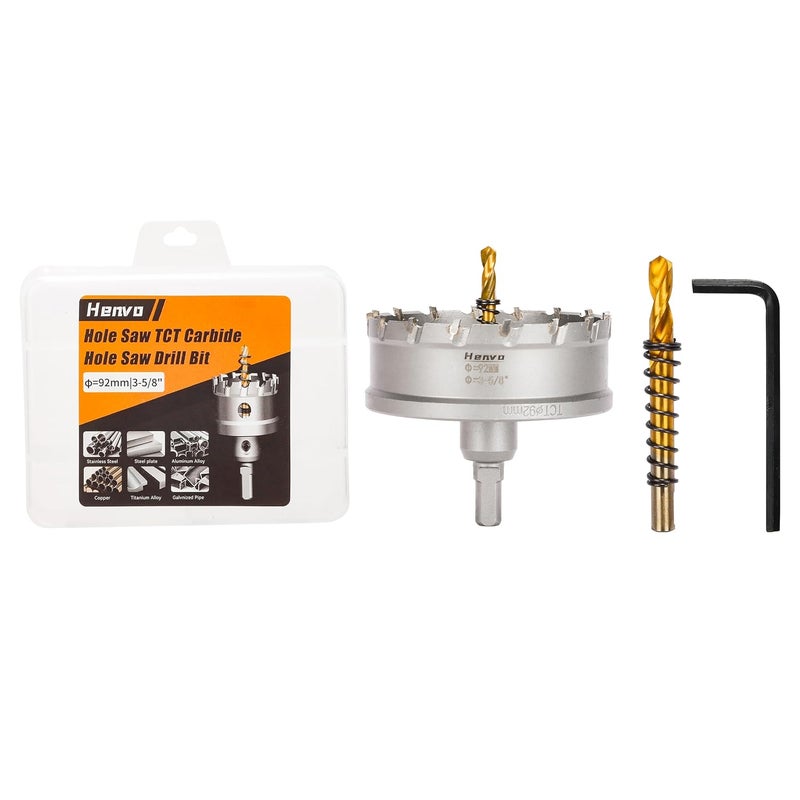 Henvo Hole Saw 3-5/8" (92mm) Heavy Duty Carbide with 2 Pilot Drill Bits - Metal Hole Cutter Cuts Stainless Steel, Iron, Copper, Brass, Plastic - Image 1